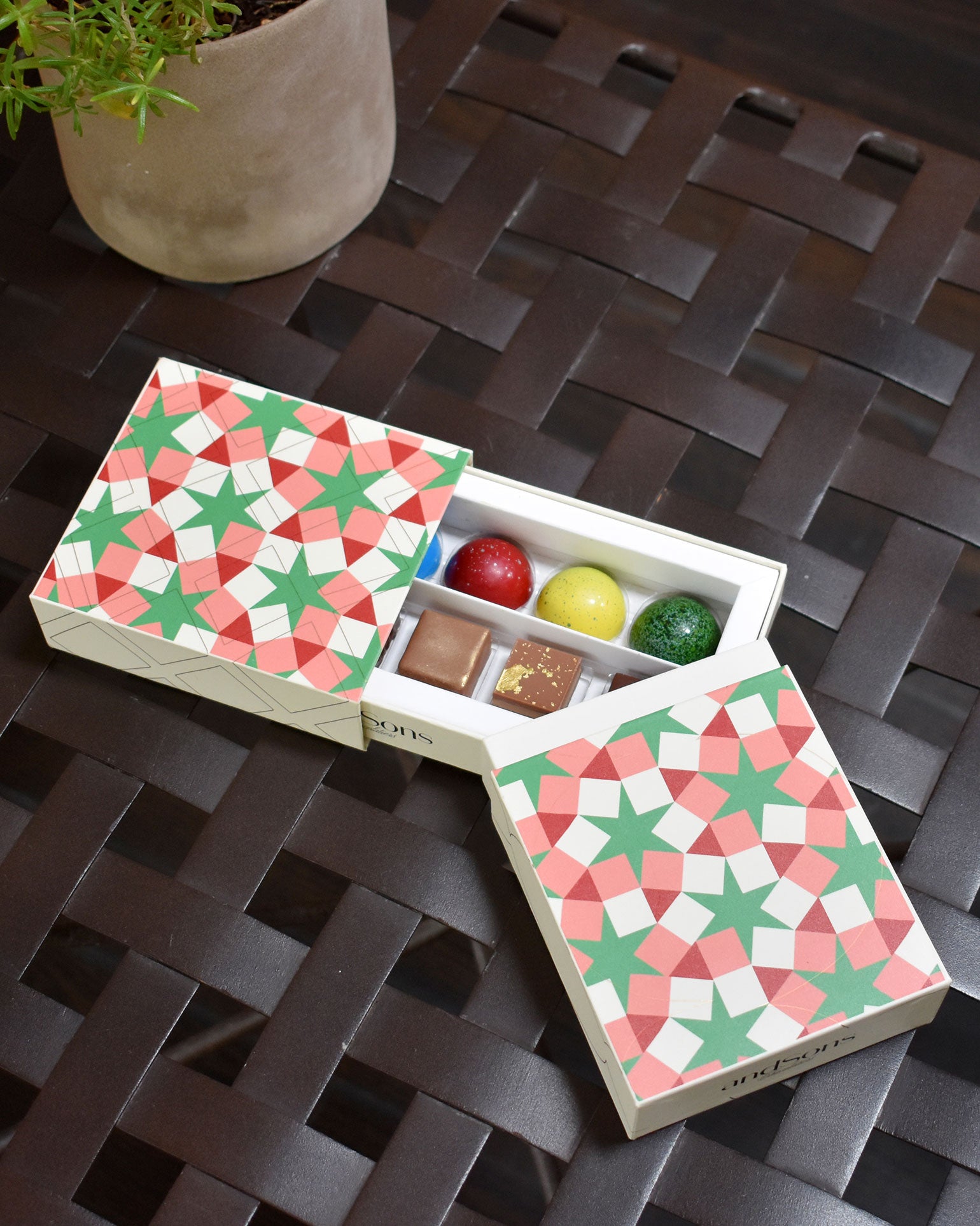 chocolates in green and red box