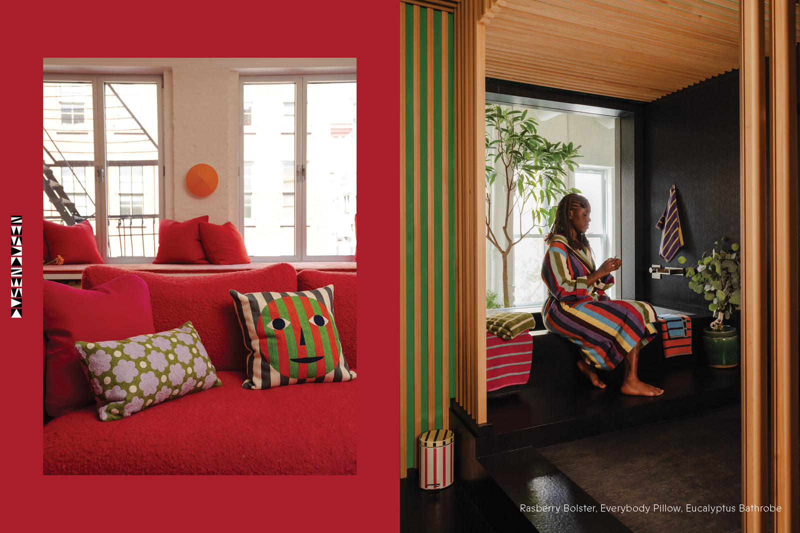 Face Pillow and Raspberry pilow on couch and Kara Jackson in Eucalyptus Robe