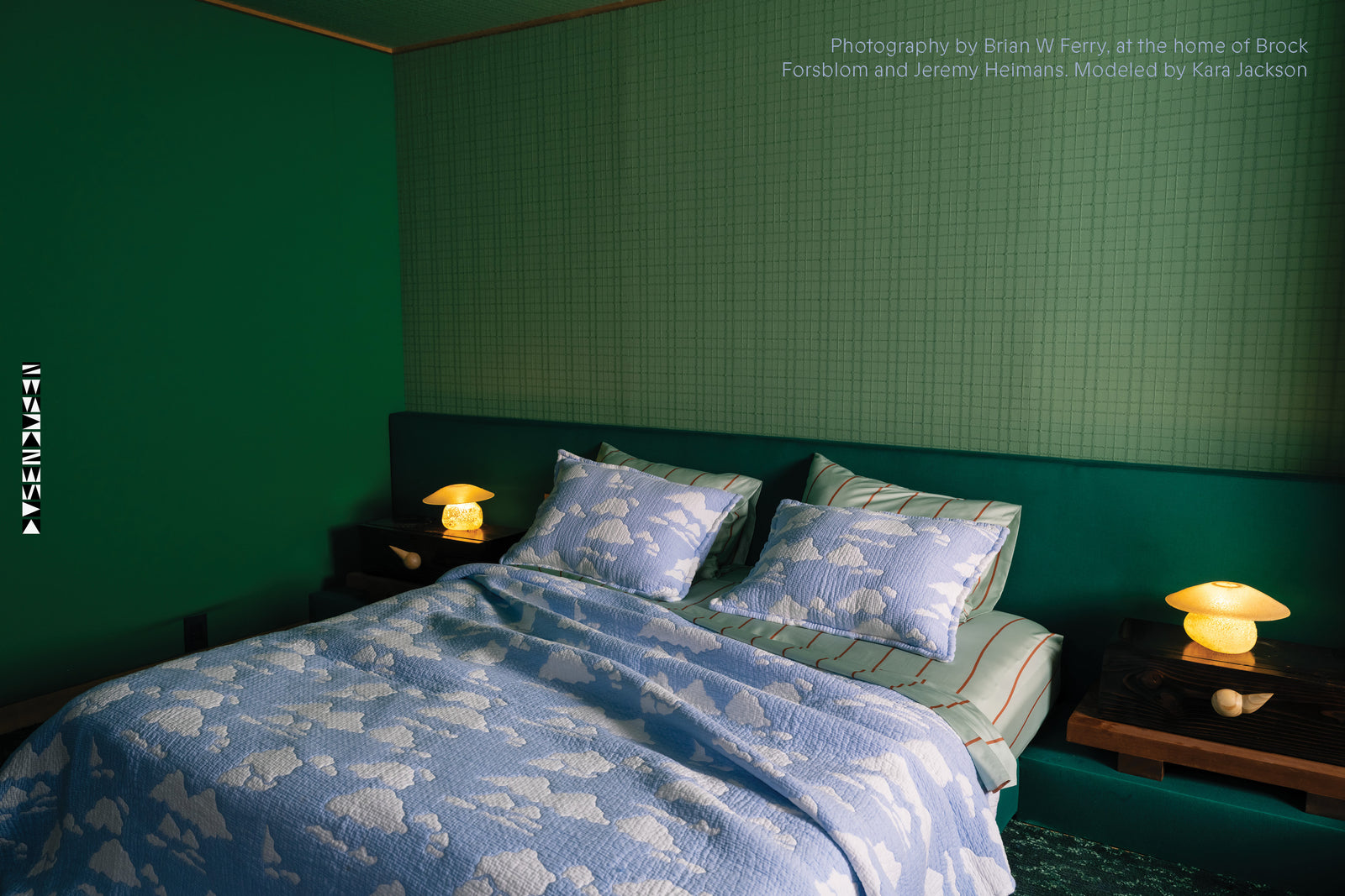 Cloud coverlet with caption "Photography by Brian W Ferry, at the home of Brock Forsblom and Jeremy Heimans. Modeled by Kara Jackson