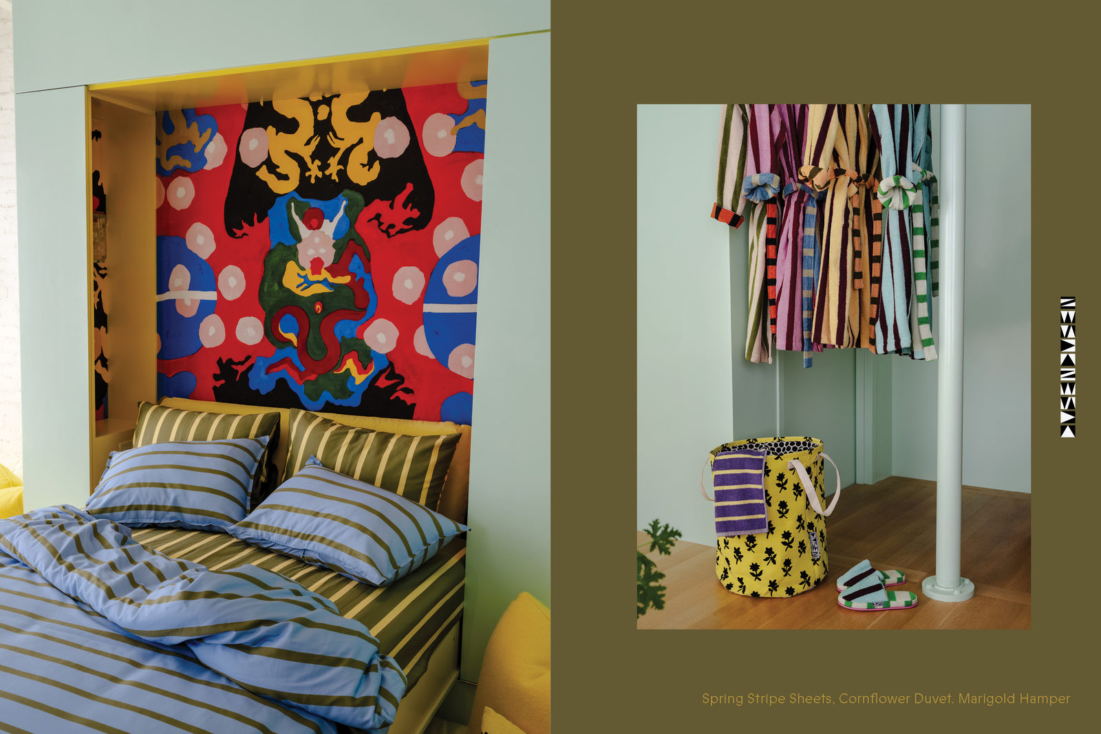 Bedroom with colorful wall art and Cornflower striped bedding, next to a room with hanging striped bathrobes and marigold hamper on the floor with slippers