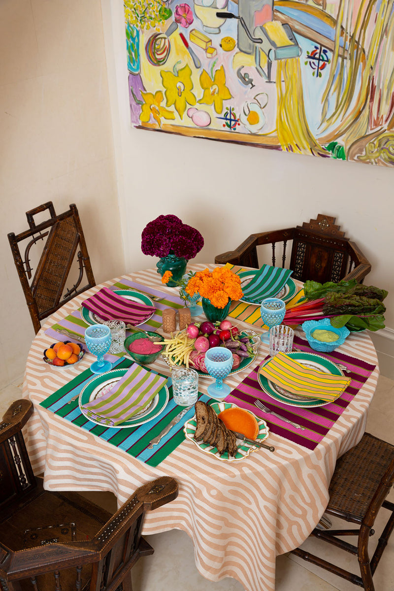 Dusen Dusen Herb Stripe Placemats. Single or Set of 4 placemats in mix and match striped patterns. Cotton placemats in tri-color stripes with a ribbed texture. 100% cotton, 12