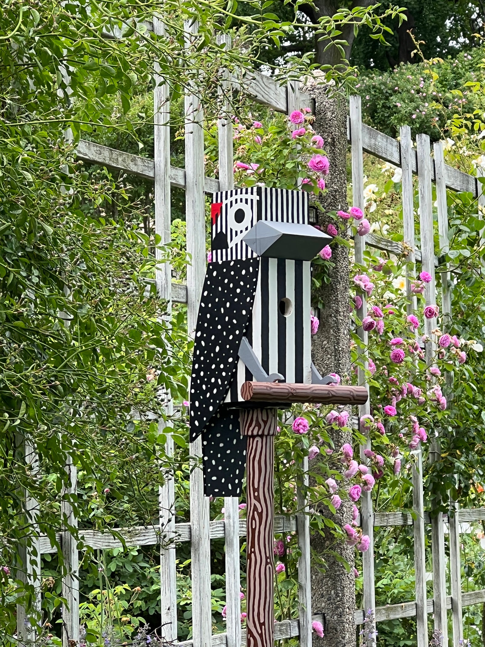 woodpecker birdhouse on perch detail with painted perch