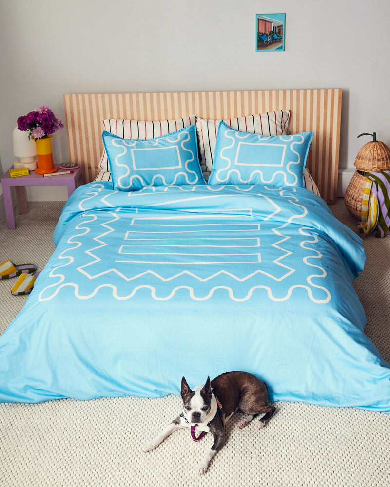 Dusen Dusen Ricrac Duvet Set in sky blue and white ricrac pattern, includes a duvet cover plus set of 2 shams (1 for Twin)