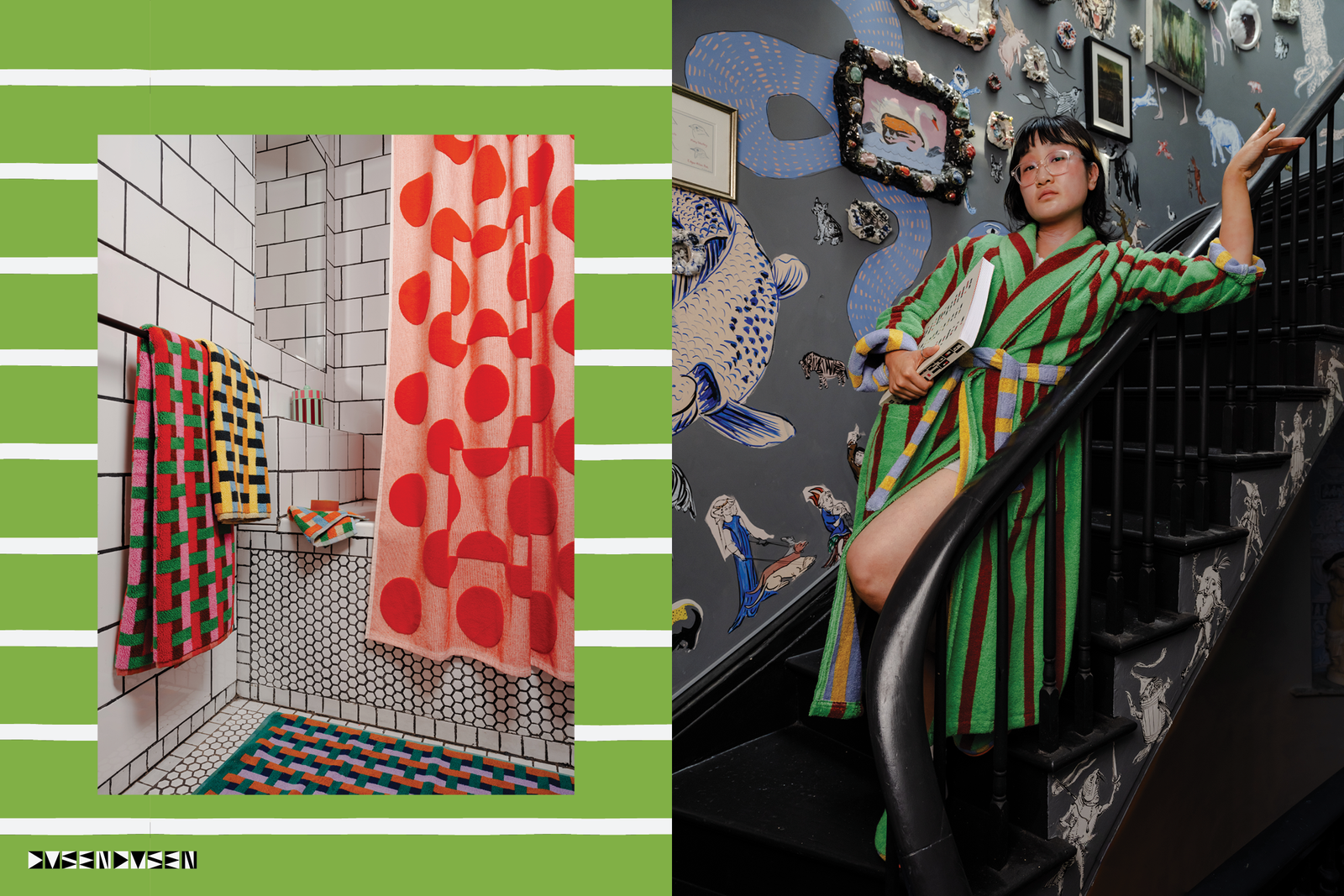 Weave towels and cutina shower curtain next to Yaeji in green robe on staircase