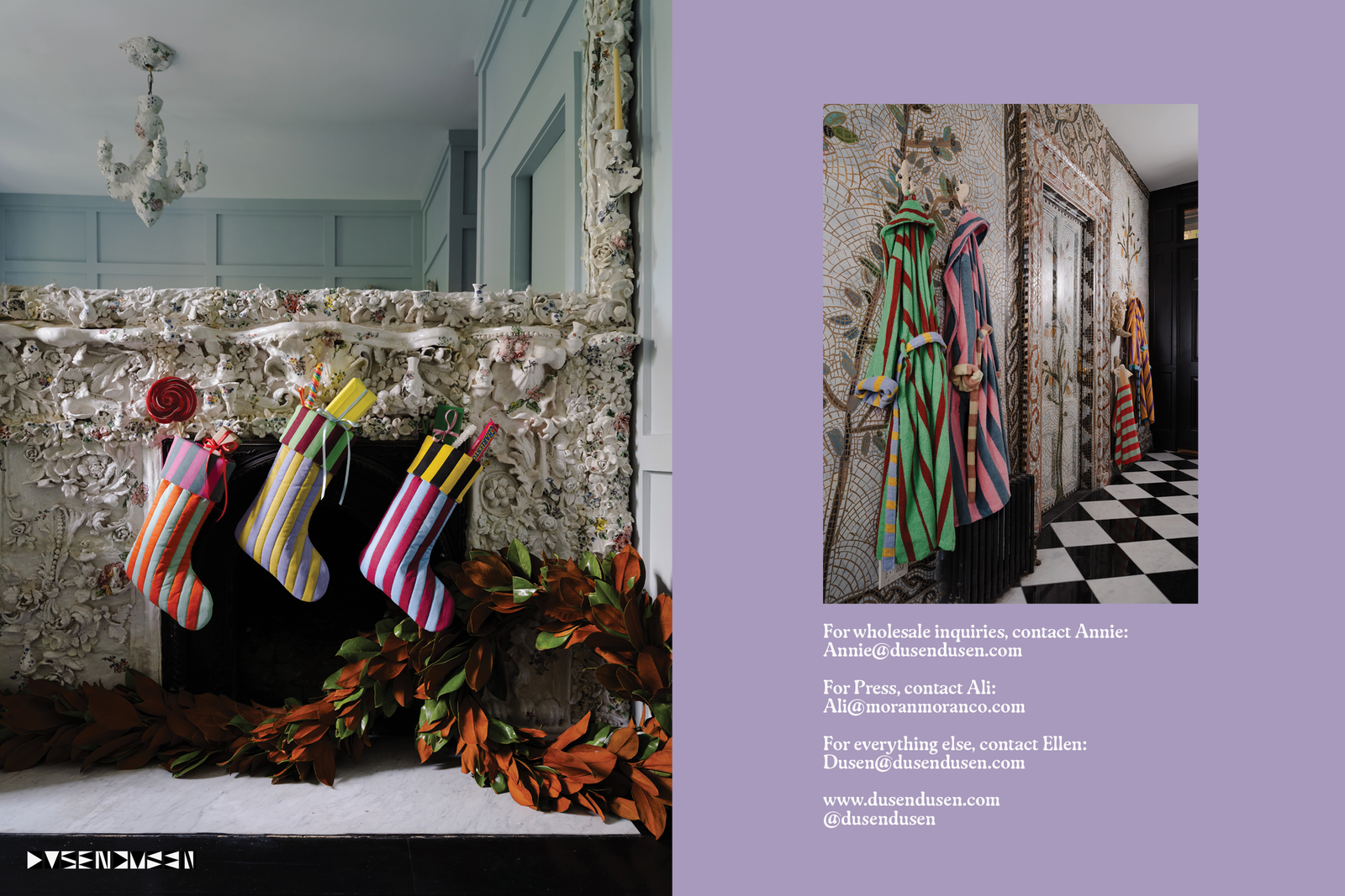 Stockings on mantle next to all four bathrobes in different colors in a hallway. For wholesale, contact Annie annie@dusendusen.com For press contact Ali ali@moranmoran.com. For everything else contact Ellen dusen@dusendusen.com www.dusendusen.com @dusendusen