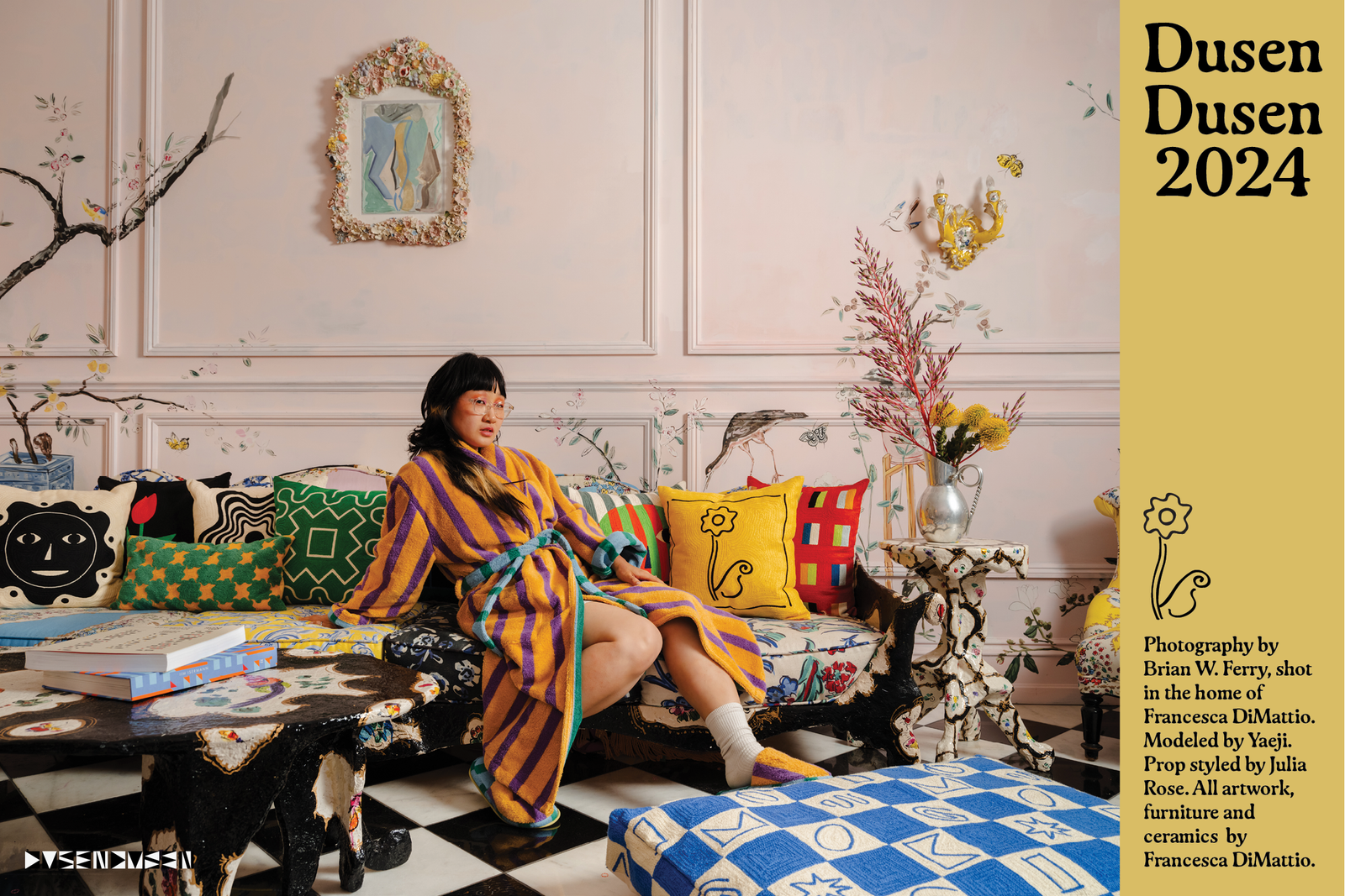 Yaeji in orange robe on couch with Dusen Dusen 2024 and credits for lookbook