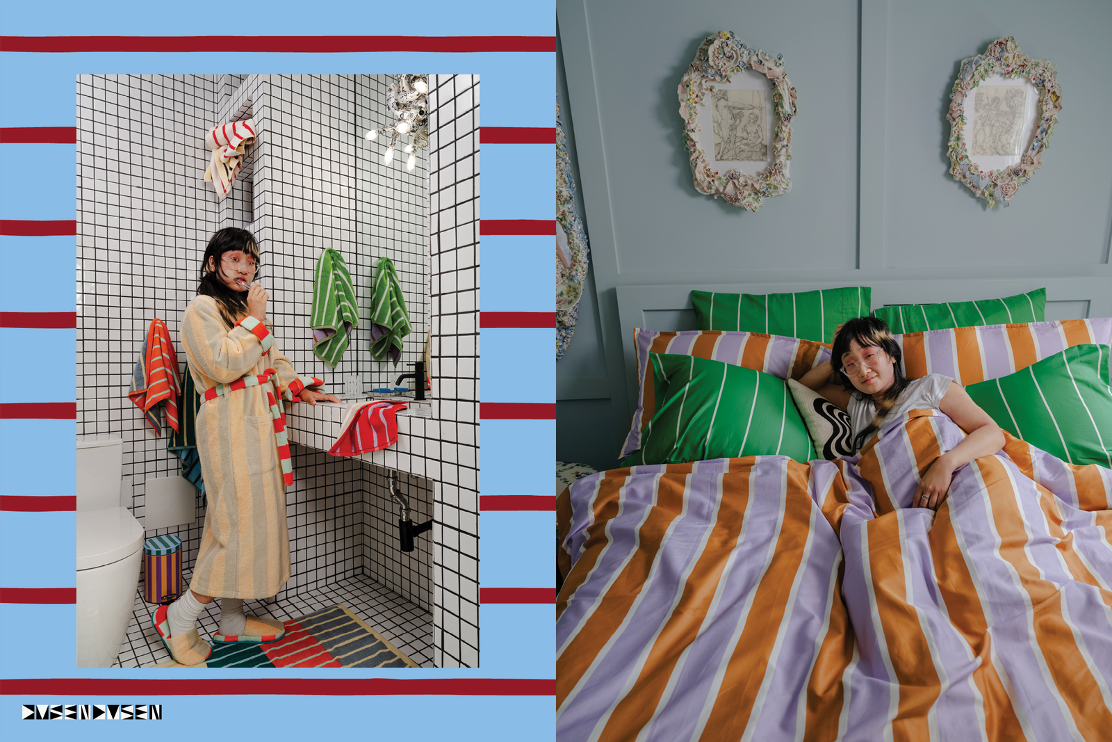 Yaeji in bathrobe in bathroom and in bed in Tommy Stripe Bedding