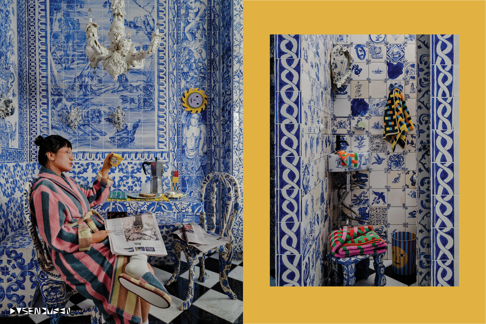 Yaeji in pink robe at breakfast and blue tile bathroom with Weave bathrobes