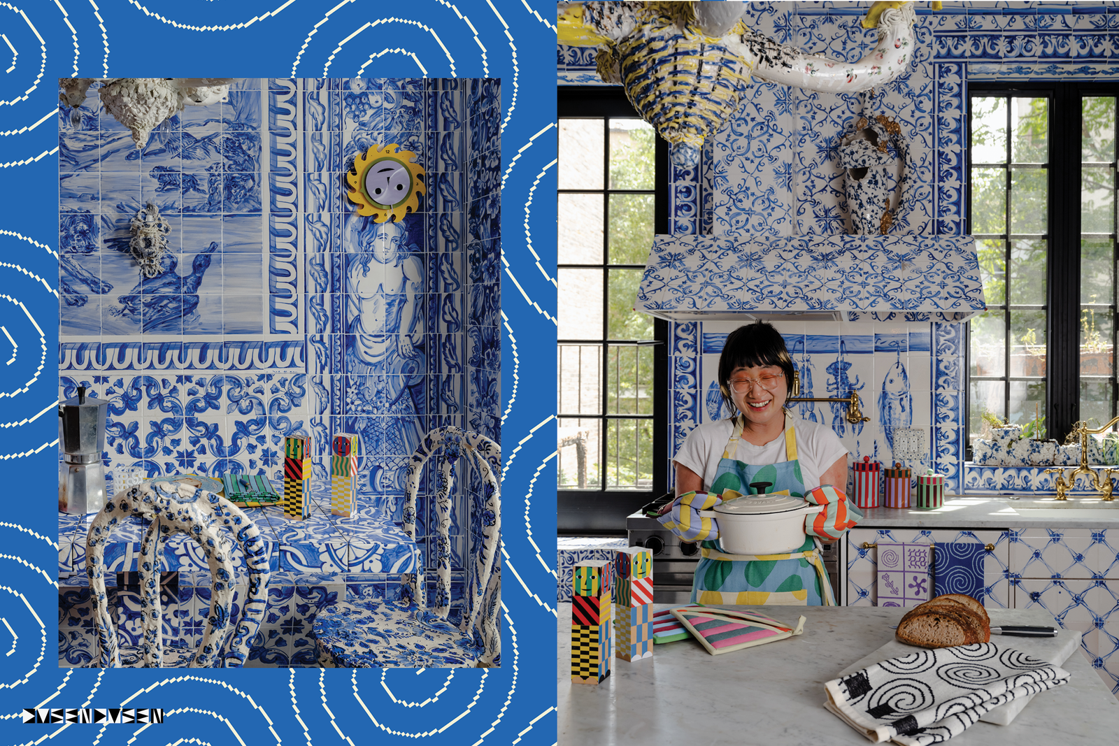 Blue tile kitchen with Yaeji in it