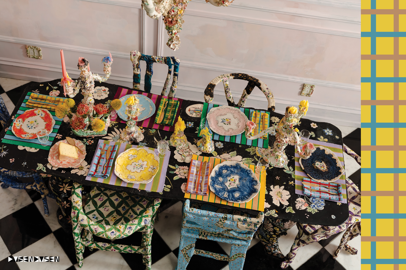 Dinner Table with Herb Stripe placemats and Plaid napkins with ceramic painted plates