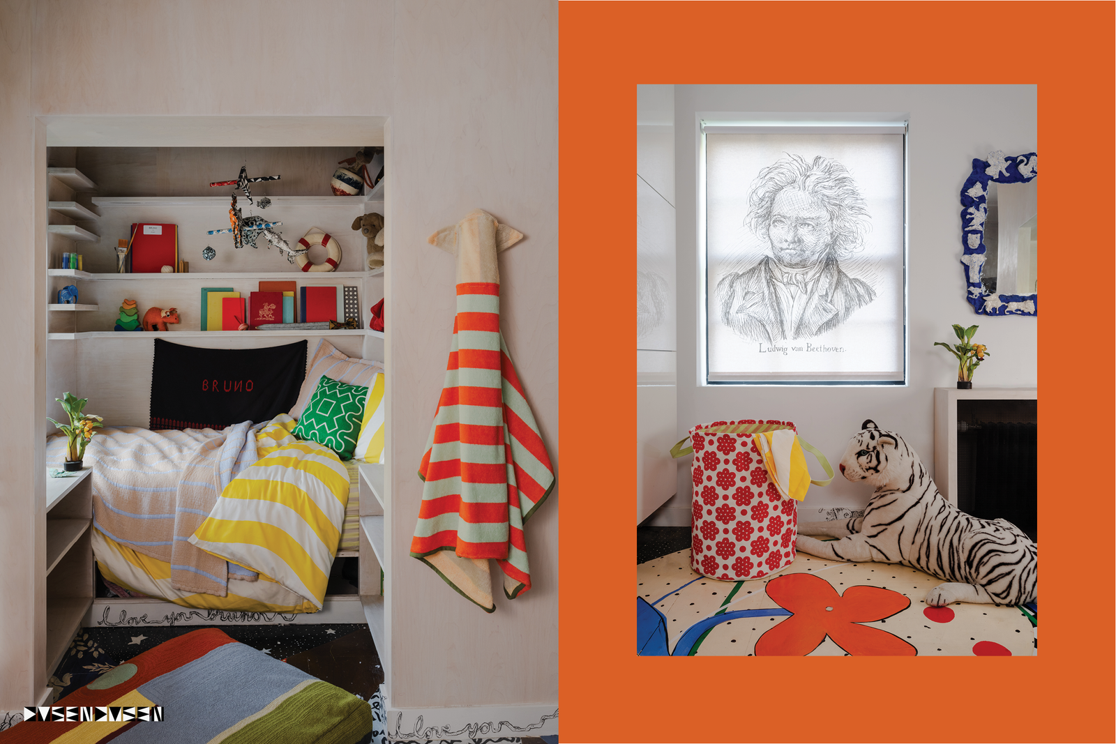 Child's bedroom with yellow bedding and coverlet and raspberry hamper next to tiger