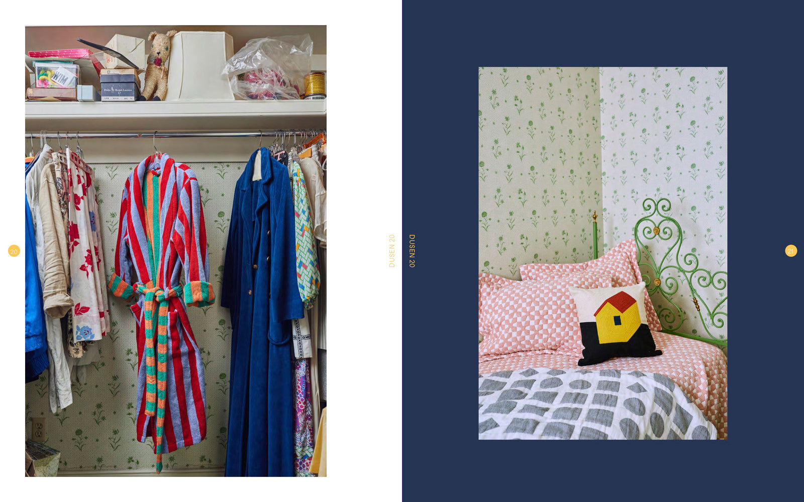 Striped robe hanging in closet and pillow with house on it on a pink coverlet