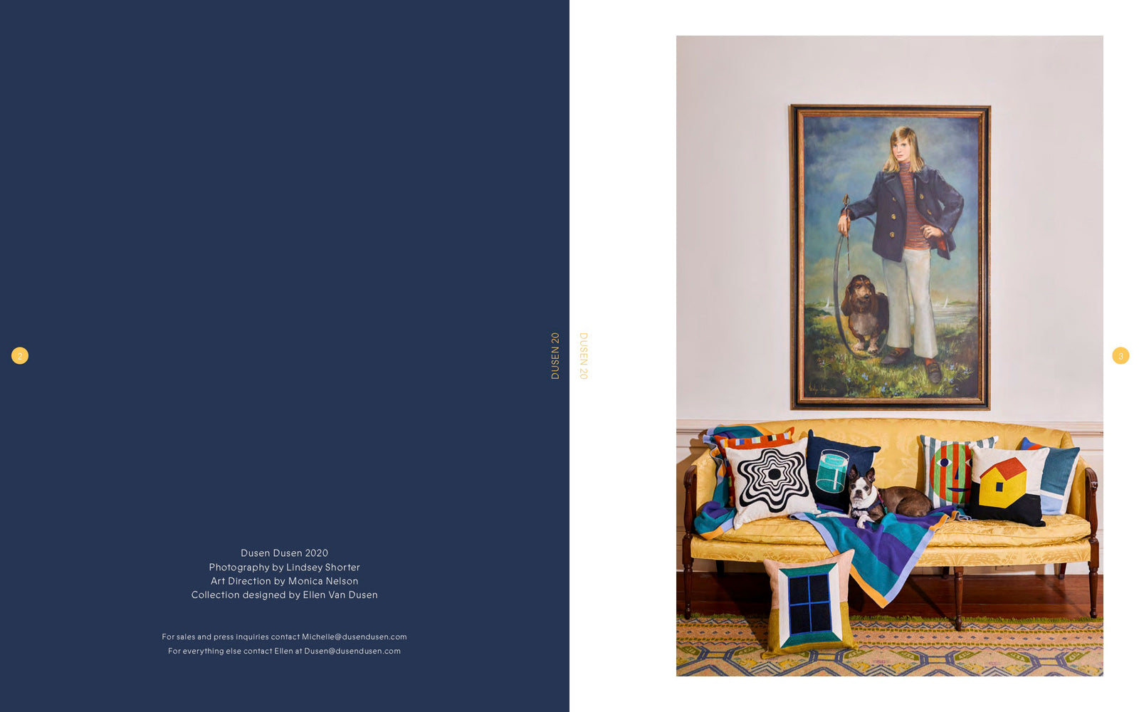 Various Dusen Dusen pillows on couch below a painting of a blond girl