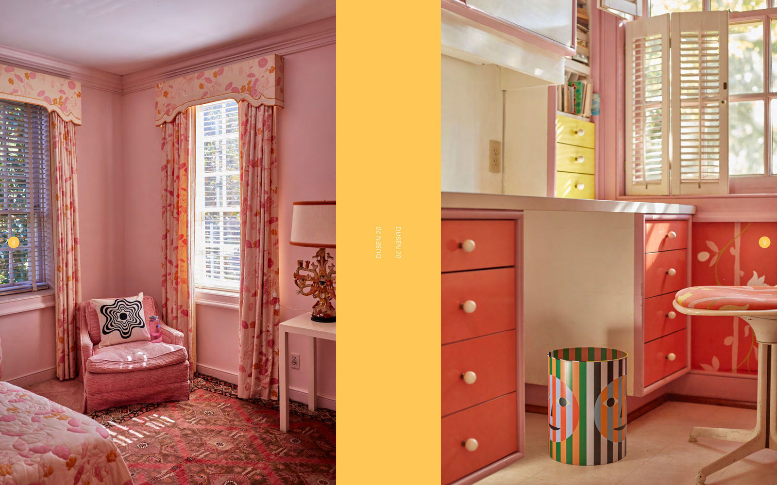 Pink room with flower pillow and colored cabinets with striped bin below a desk