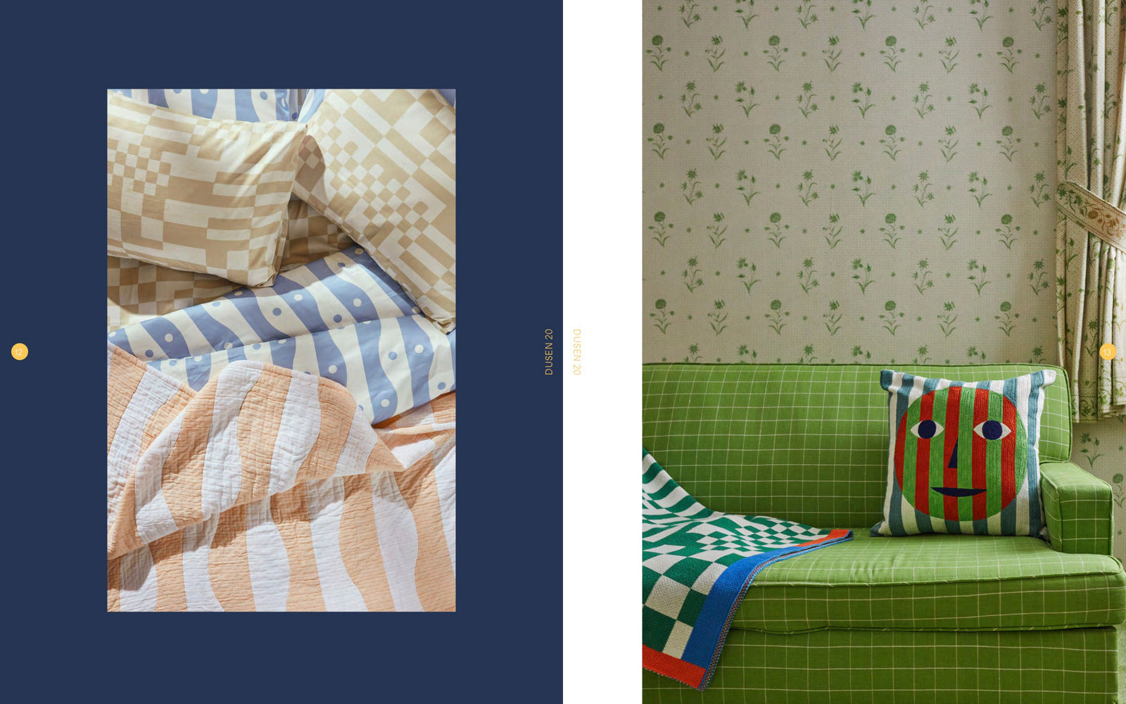 River bedding and river coverlet with checkered sheeting on bed and face pillow on green checked couch