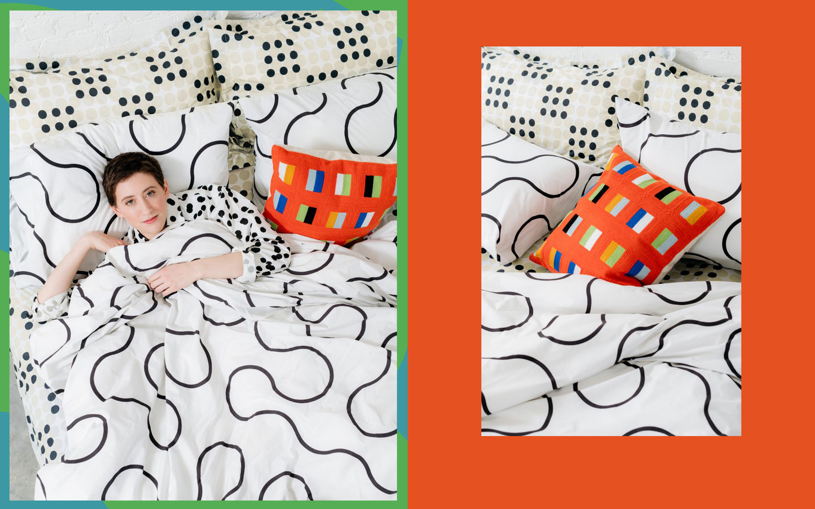 woman in arc bedding with dash pillow