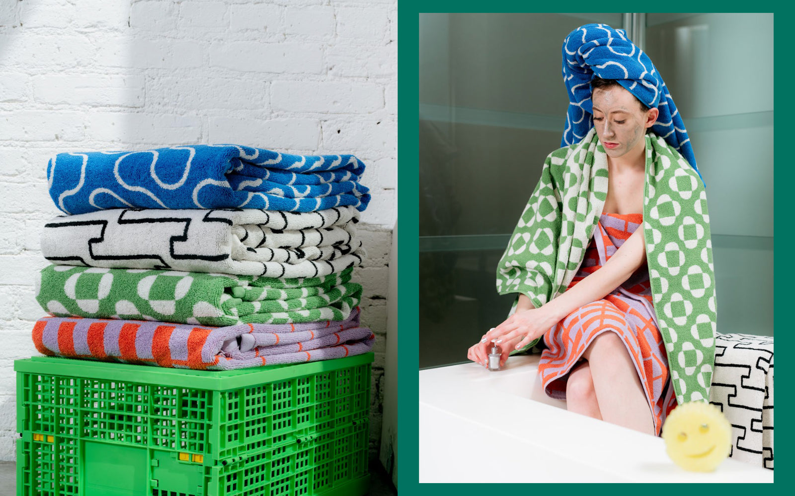stack of patterned towels and woman wearing them by tub