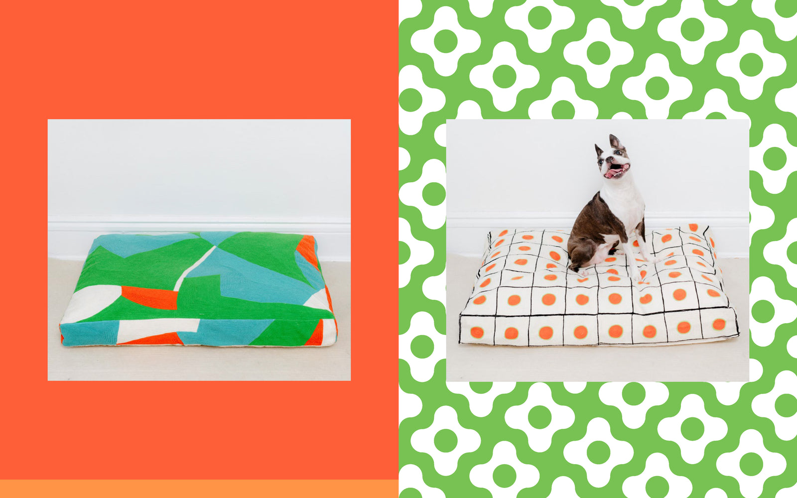dog beds in different patterns with dog on one