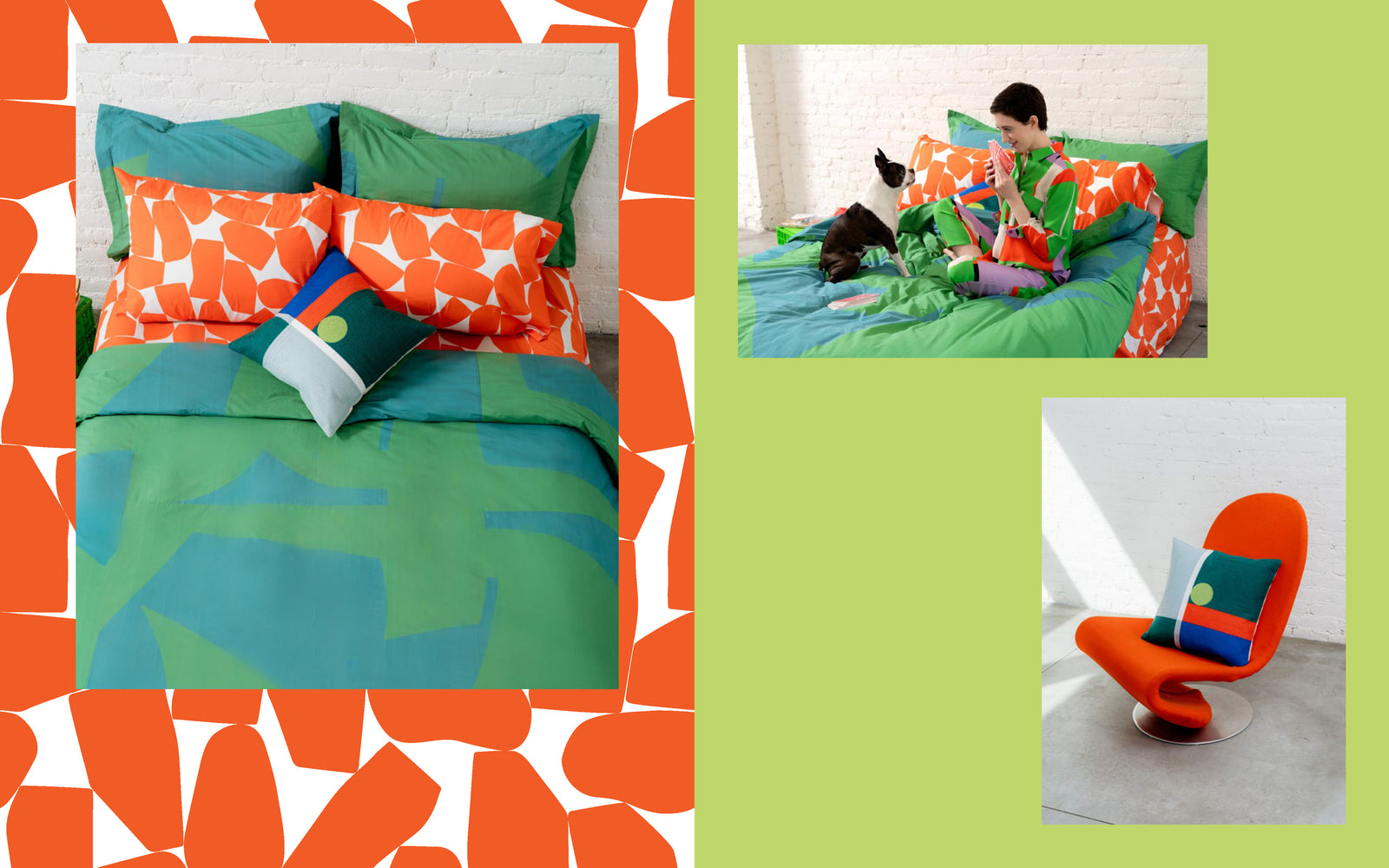 green bedding and woman with dog in bed