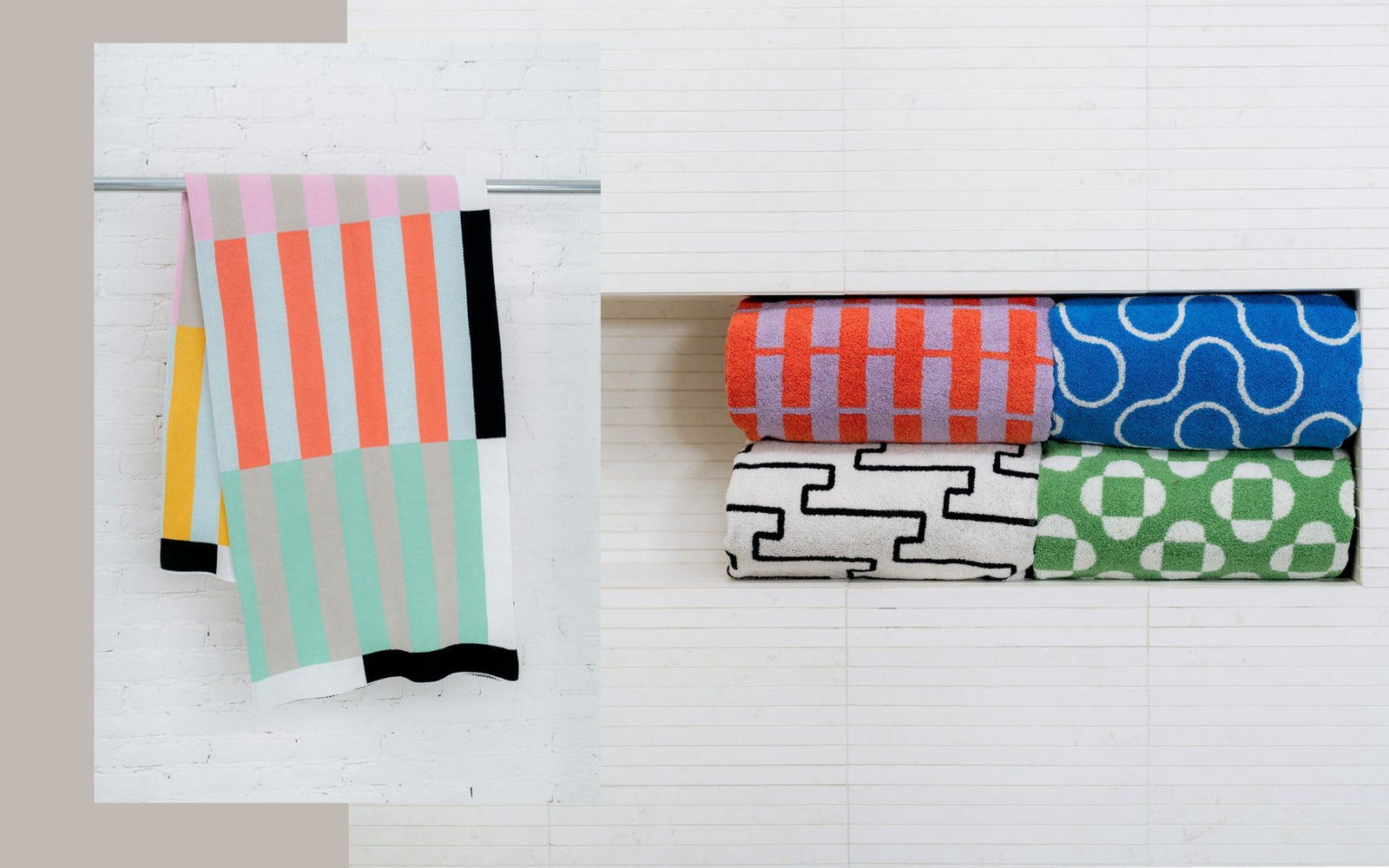 stripe blanket and four pattern towels on shelf
