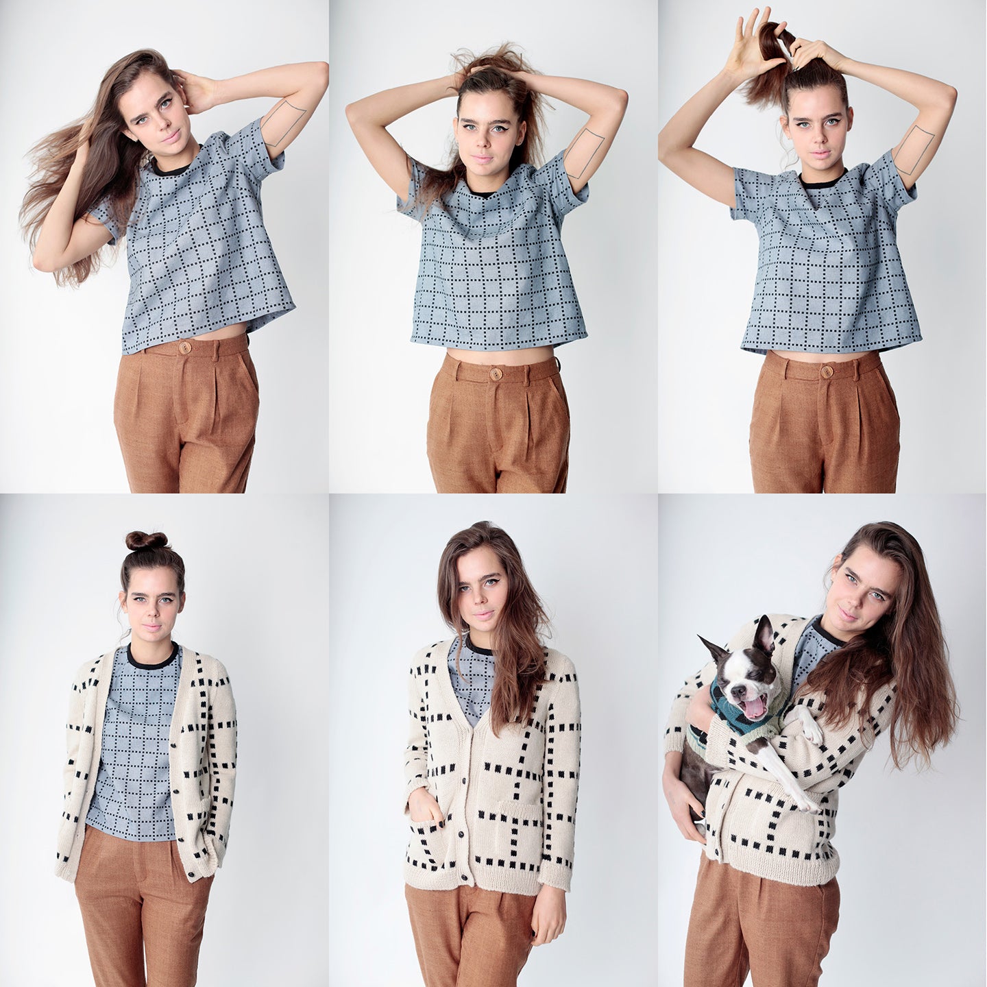 collage of woman in grid dusty blue shirt, grid black and white caridgan and holding snips