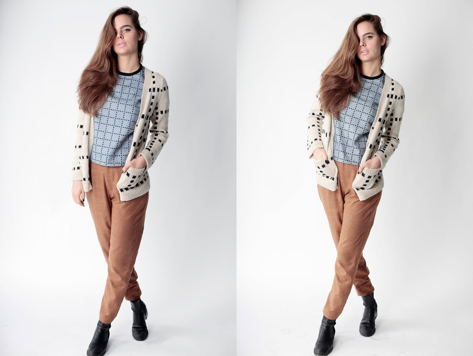 woman in tan pants dusty blue grid shirt and large scale grid cardigan stepping forward
