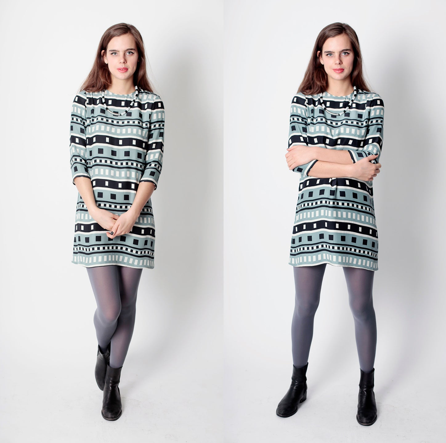woman in dusty blue black and white square pattern dress shift 3/4 sleeve