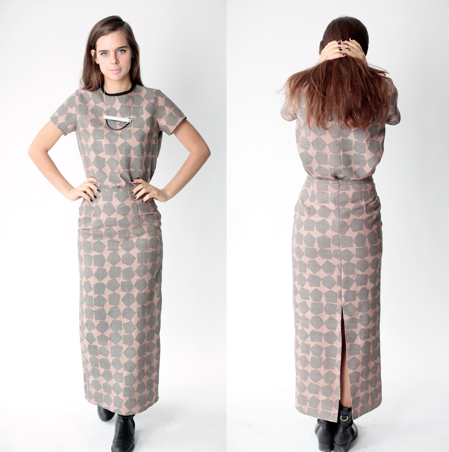 woman in tan and grey long dress slit in back