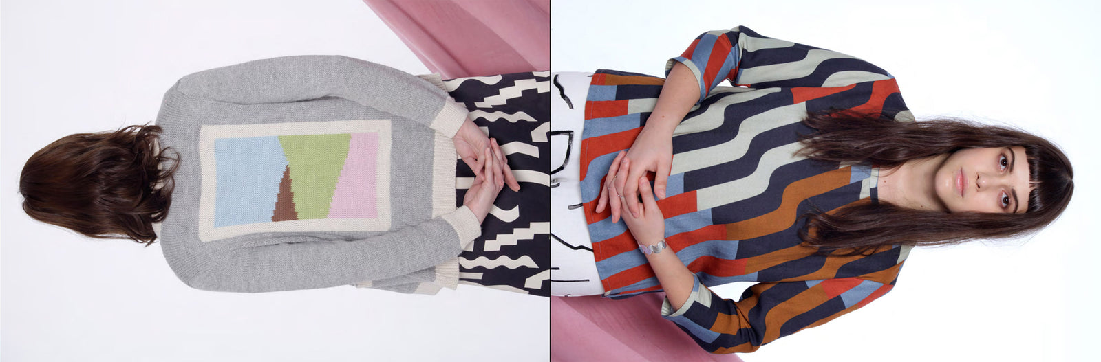 model in grey landscape sweater and pattern stop on side