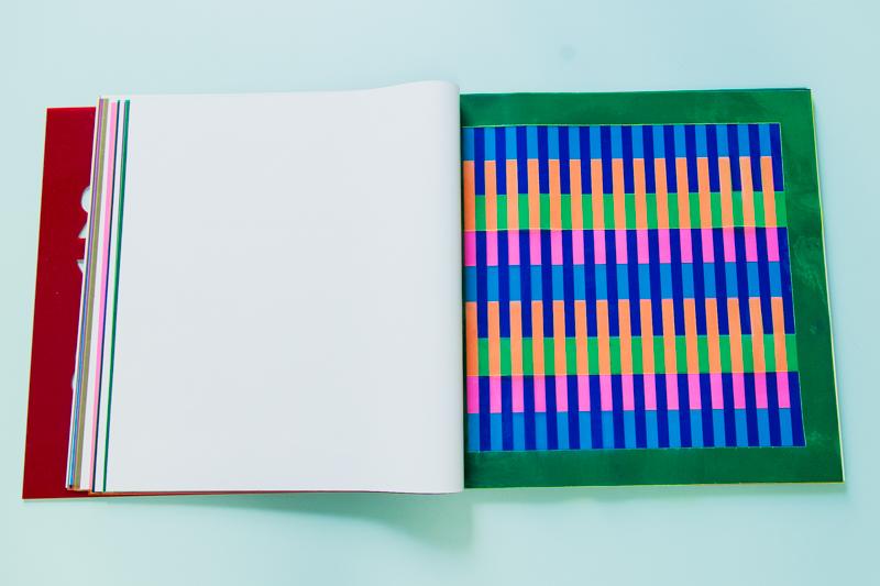 Pattern in orange and green at back of the book