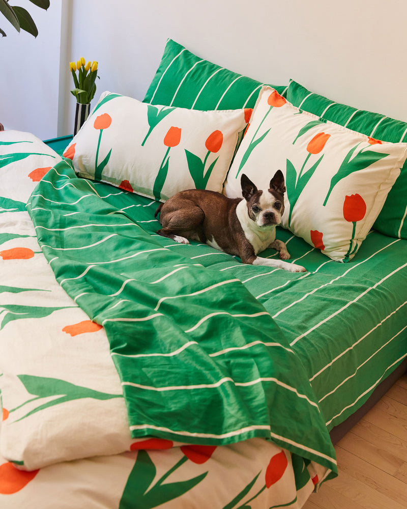 A dog on top of Dusen Dusen Lawn Stripe Sheets. Sheeting in green and white stripes. 100% cotton sateen, 300 thread count. Machine wash cold and tumble dry. Made in Portugal. Our cotton sateen is smooth and cool to the touch and features a slightly lustrous finish.