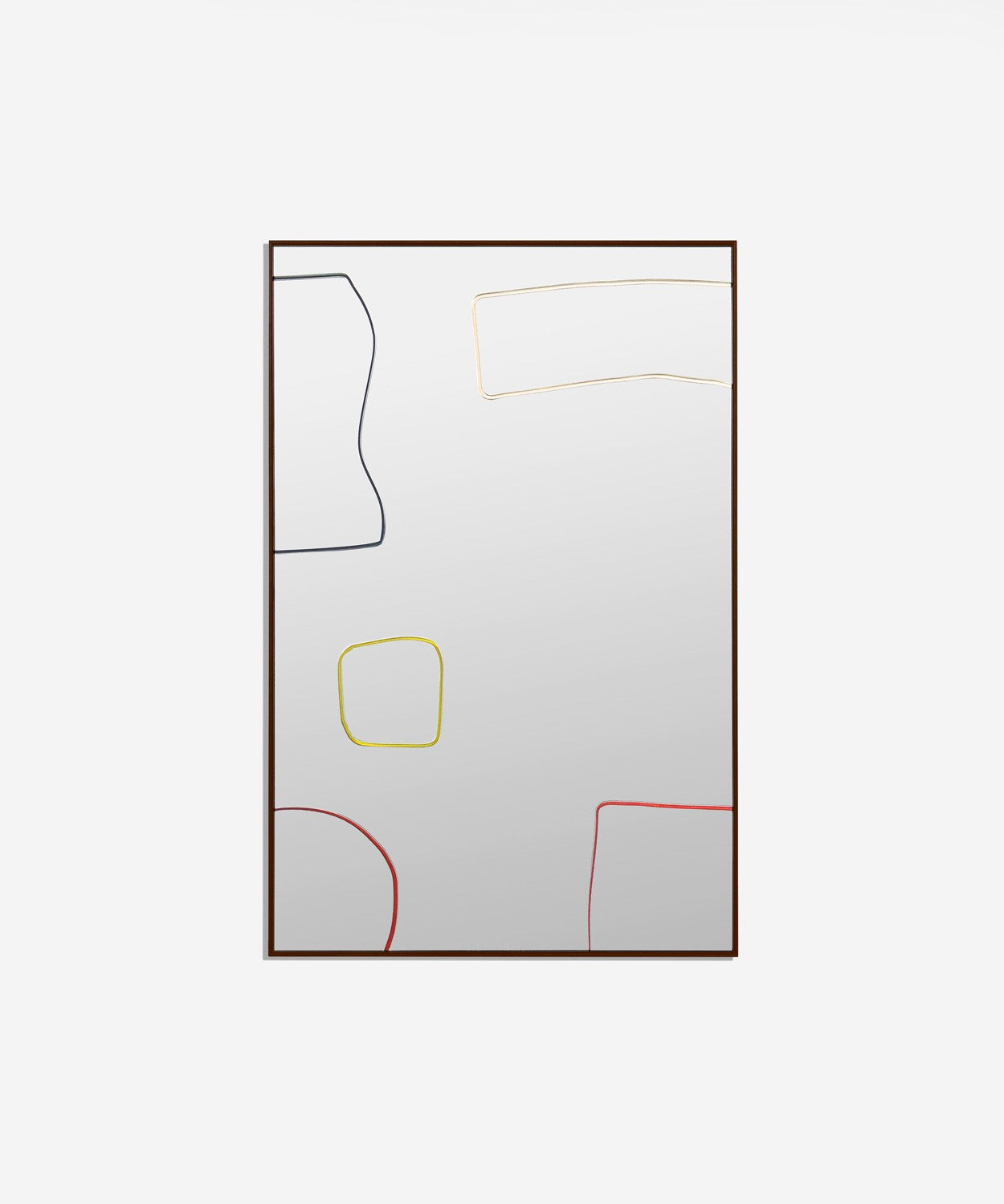 Bower Cut out Mirror with outlines of different shapes on a square mirror with black frame.
