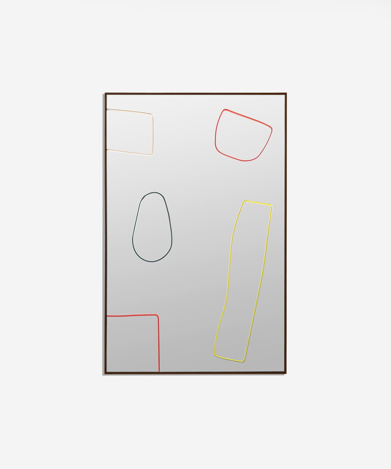Bower Cut out Mirror with outlines of different shapes on a square mirror with black frame.