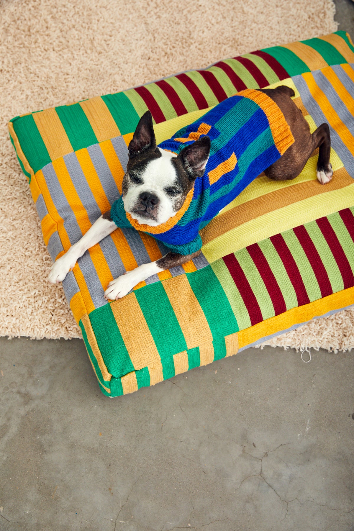 Dusen Dusen Stripe Embroidered dog bed in a multi-color, alternating Stripe pattern. 100% cotton canvas base with acrylic chain embroidery, poly insert, and back zipper. 36"x 27"x 4". Doubles as floor pillow. Wash bed cover alone and inside-out in cold water. Line dry or lay flat to dry. Spot clean recommended. Made in China;