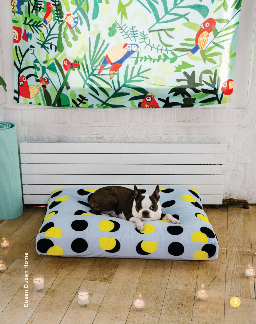 snips on yellow and black polka dot bed