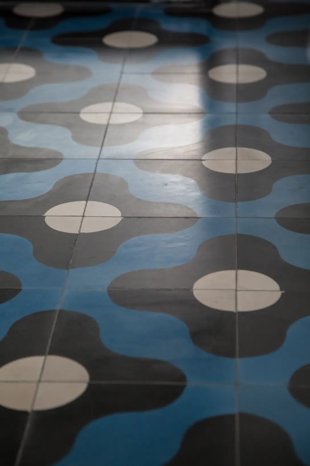 blue and black flower tiles in raking light