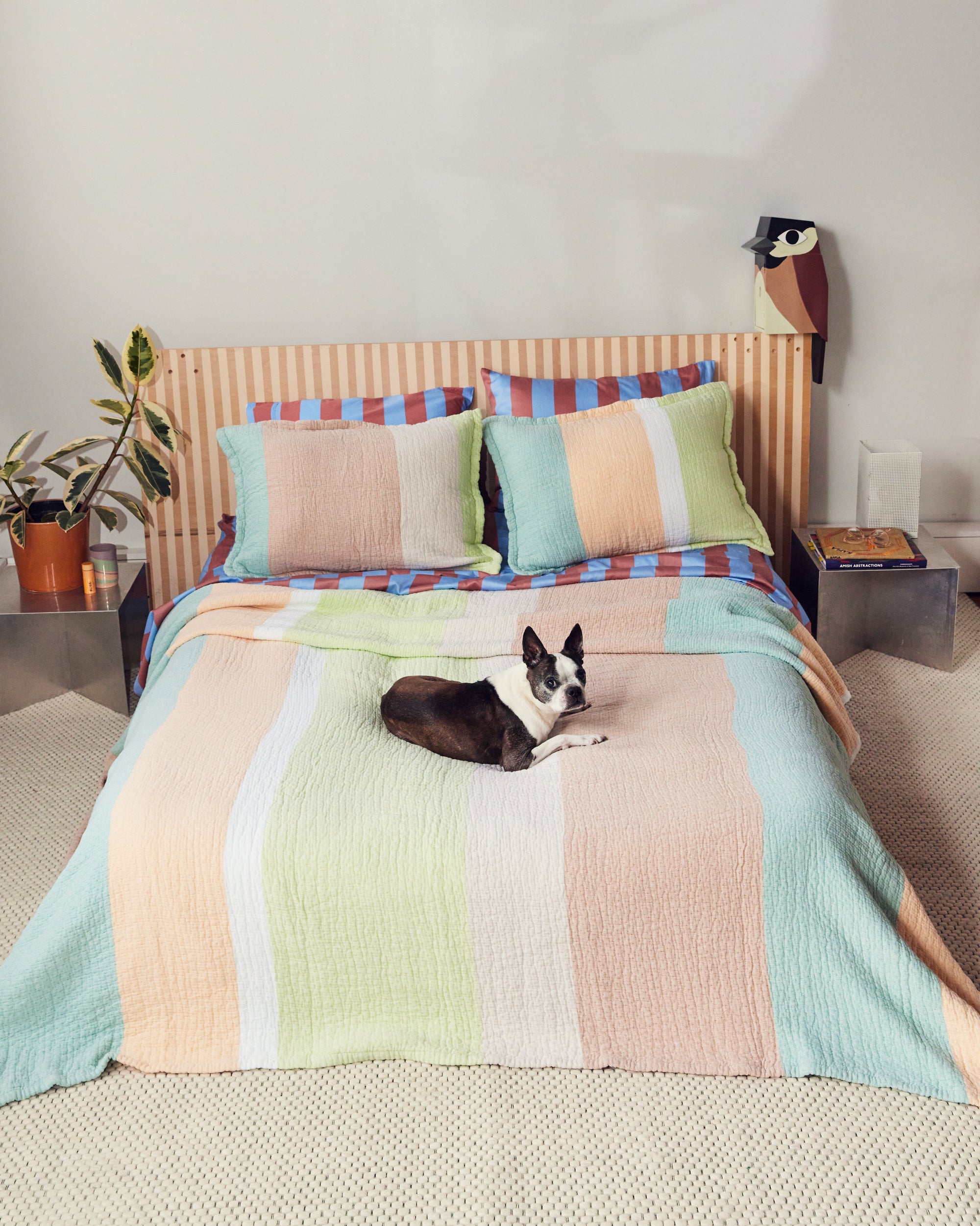 Dusen Dusen Meadow Coverlet Set. Cool Stripe Coverlet Set with yellow, orange, white, teal and light green strips. Woven matelassé coverlet with an inner layer of insulation for a quilted effect. ; Finally, a coverlet you can frolic in. <br> FINAL SALE