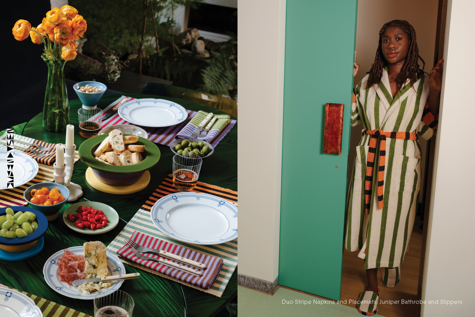Duo Stripe Napkins and Kara in Juniper Bathrobe