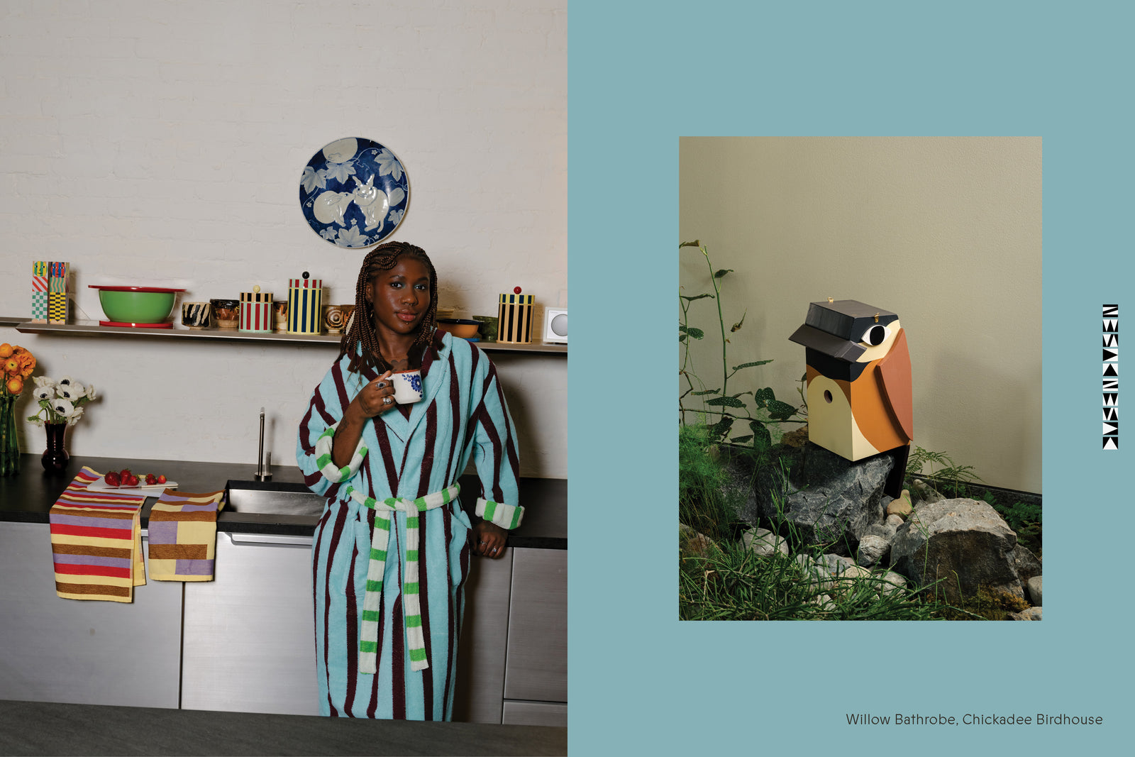 Kara in Willow bathrobe in the kitchen and Chickadee birdhouse