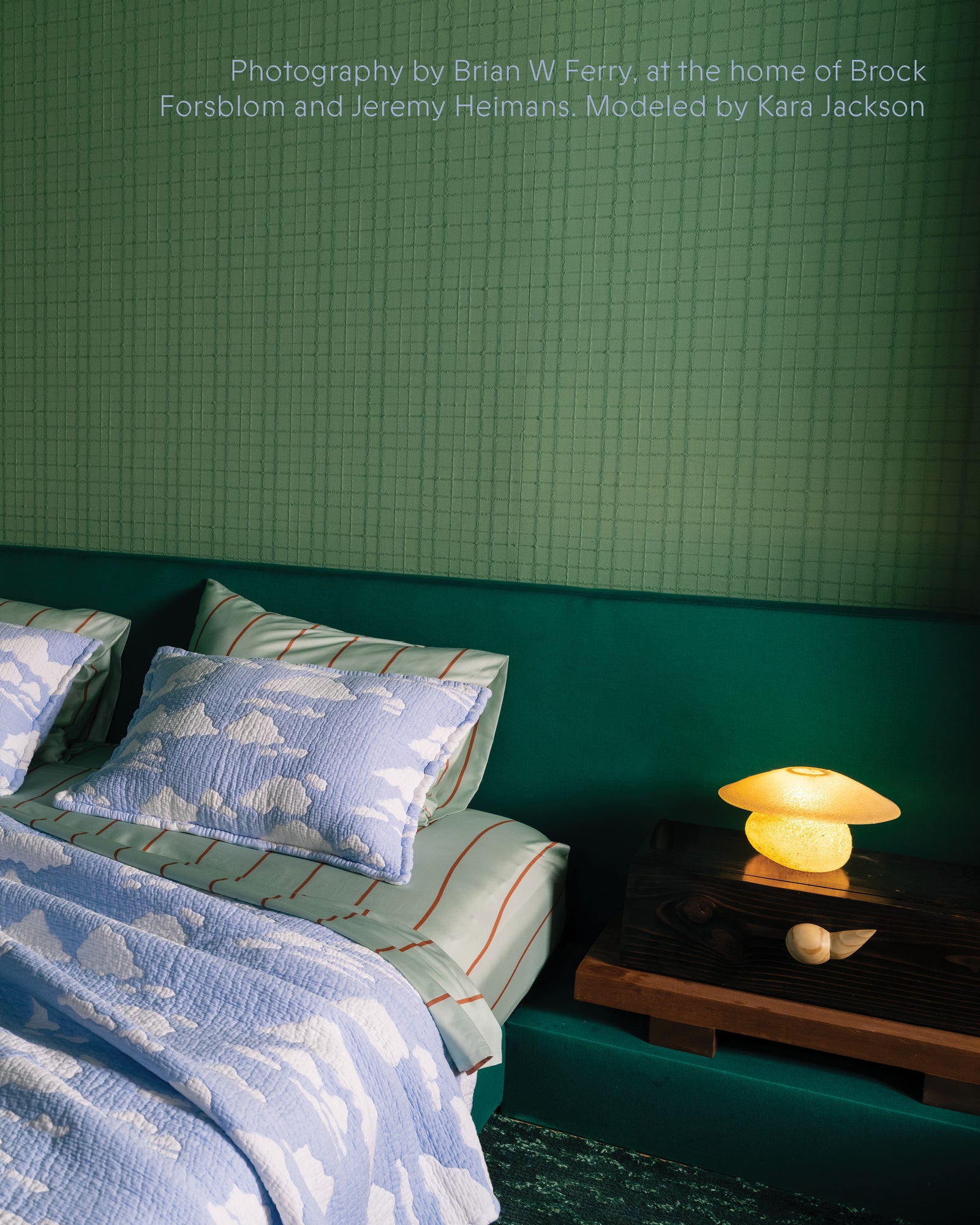 Cloud coverlet with caption "Photography by Brian W Ferry, at the home of Brock Forsblom and Jeremy Heimans. Modeled by Kara Jackson