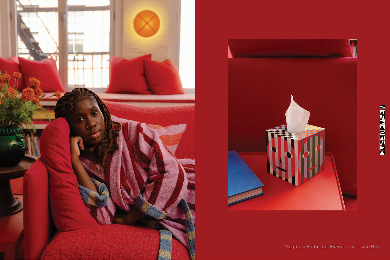 Kara Jackson close up on couch in Magnolia robe and a detail of the Everybody Tissue Box Cover