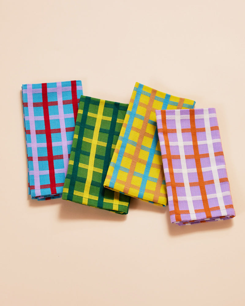 Set of 2 matching or Set of 4 mixed napkins in Weave Colors Yellow, Blue, Green and Lavender. 100% Cotton, Dobby Weave, Mitered corners. Made in India 