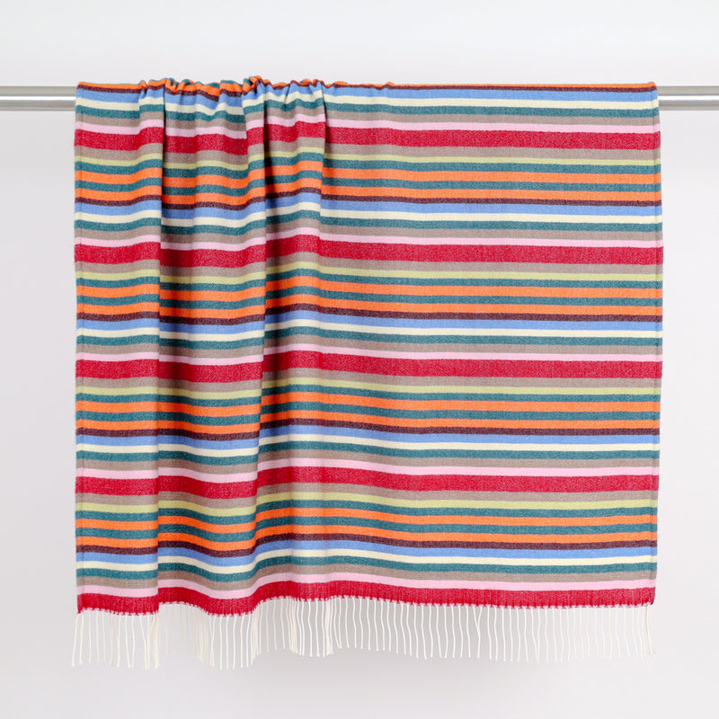 A multicolor striped wool blanket with white fringe, hanging from a metal rod against a plain white wall.