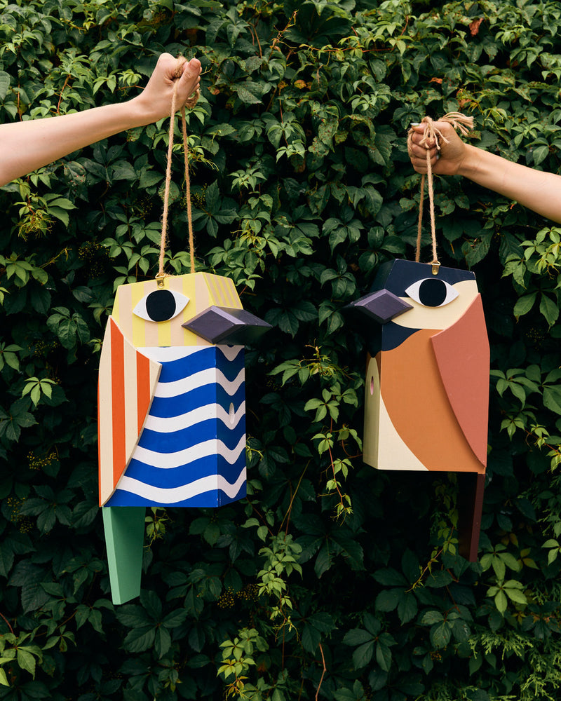 Two colorful birdhouses hanging against a green leafy background