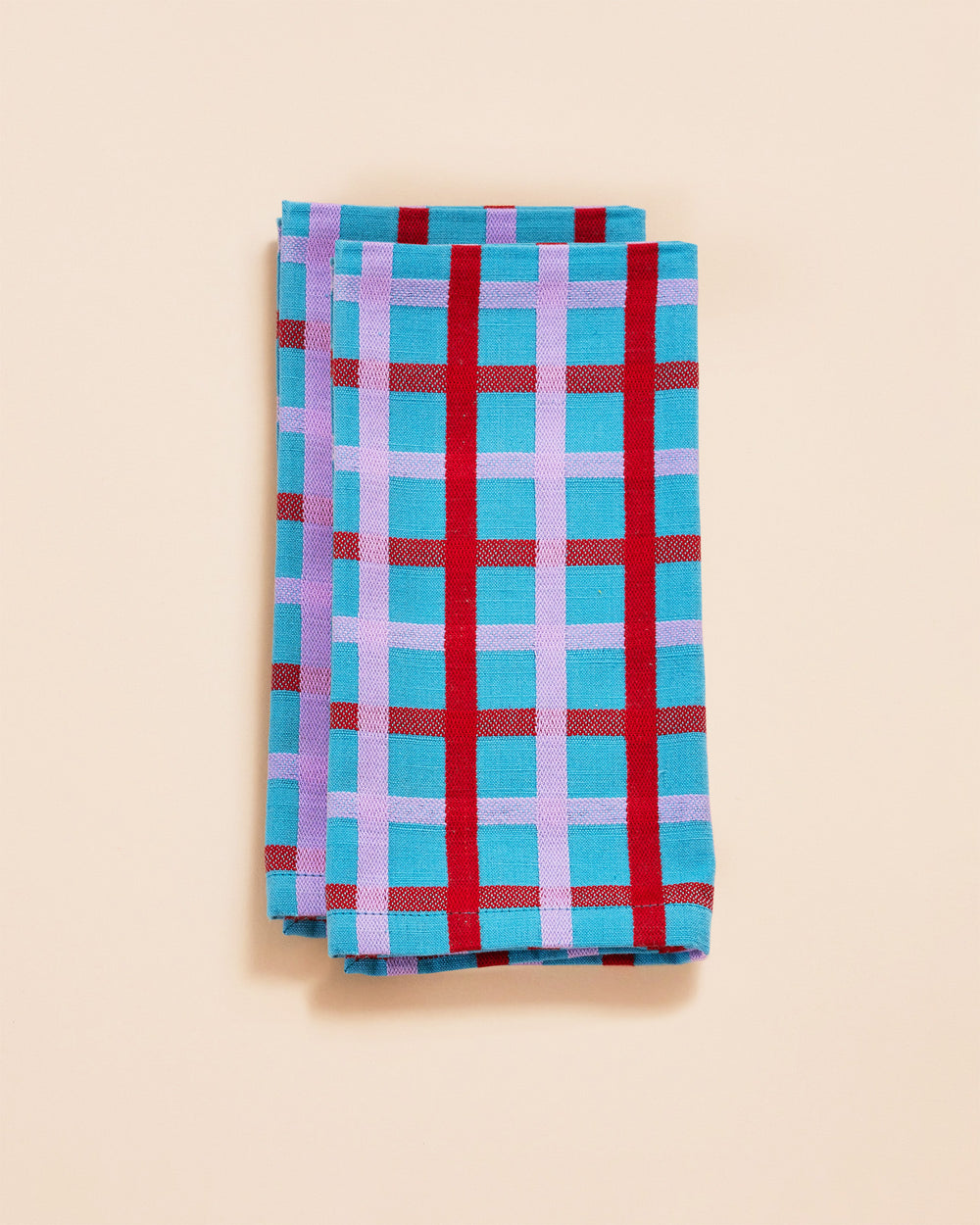 Set of 2 matching Blue Plaid Napkins with Lavender and red accents 