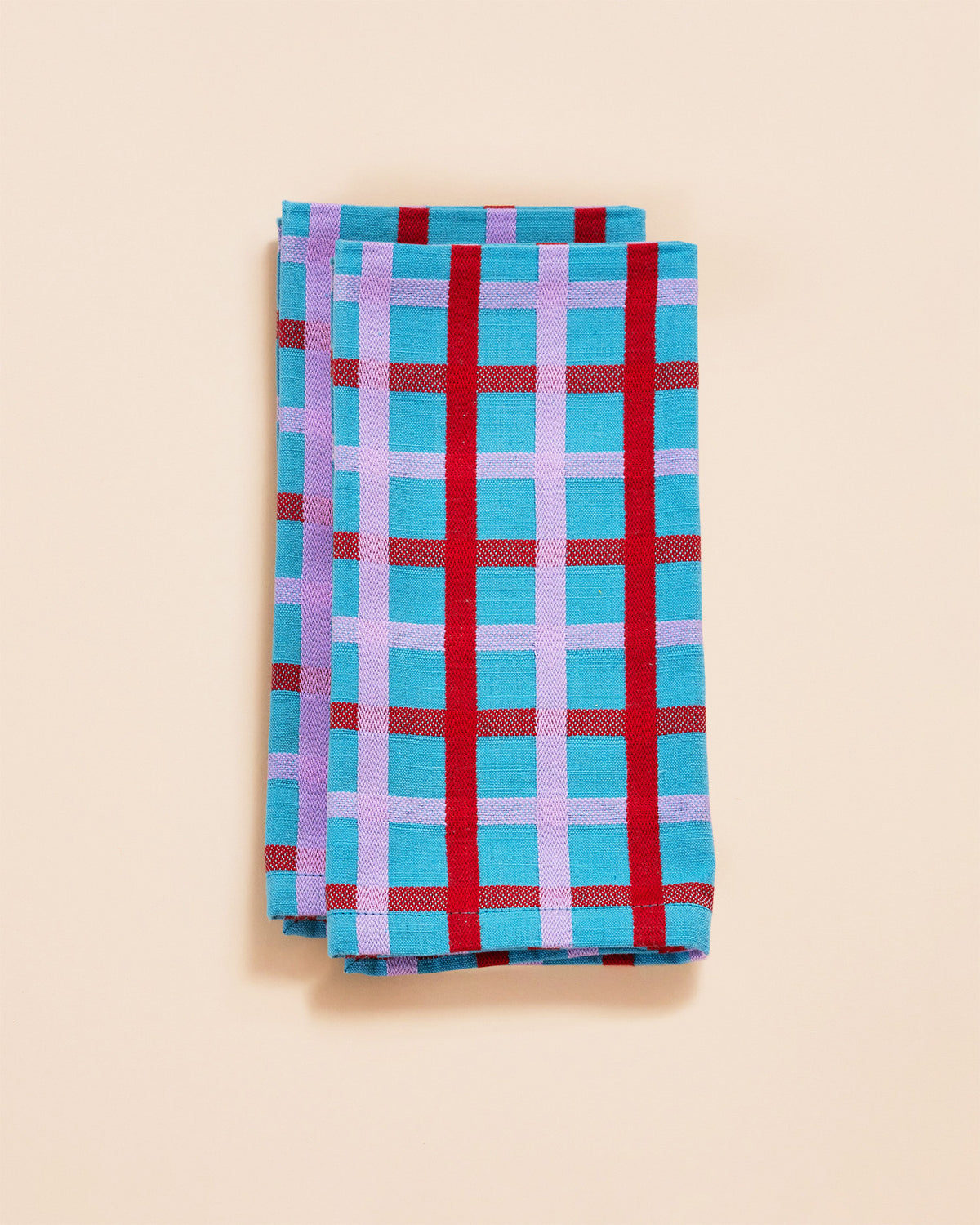 Set of 2 matching Blue Plaid Napkins with Lavender and red accents 