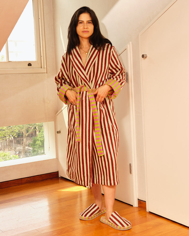 Ana in a caterpillar bathrobe and slippers 