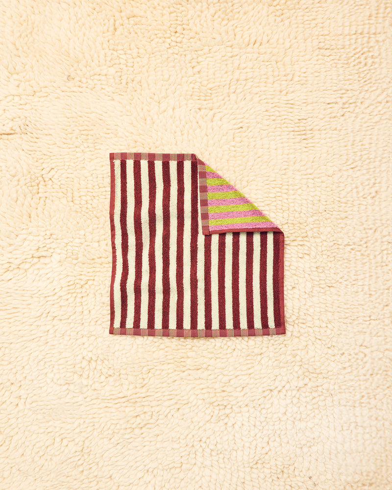 Caterpillar washcloth in maroon, white, pink, and green