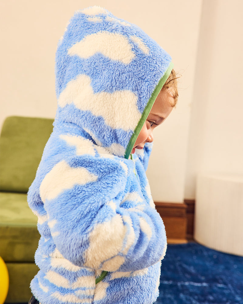 Cloud hoodie from the side with hood up over toddler's head