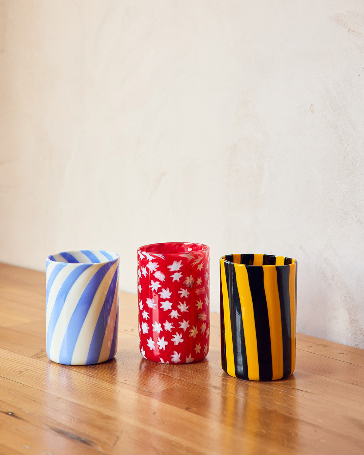 Zebra, Bird, and Fish Cups in Blue, Red and Yellow